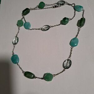 Aqua blue green necklace on a silver color chain with metal clasp